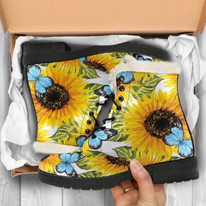 Blue Butterfly Sunflower Pattern Print Comfy Boots GearFrost