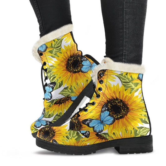 Blue Butterfly Sunflower Pattern Print Comfy Boots GearFrost