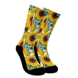 Blue Butterfly Sunflower Pattern Print Crew Socks