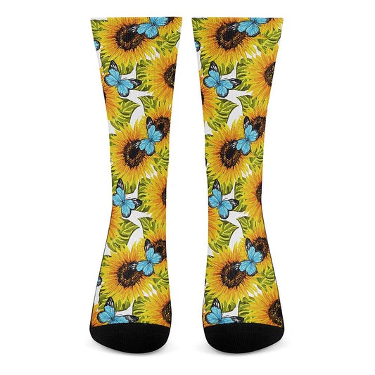 Blue Butterfly Sunflower Pattern Print Crew Socks