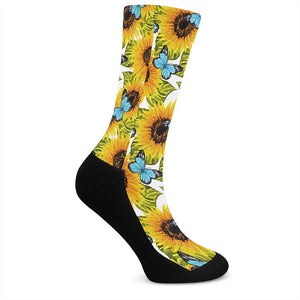 Blue Butterfly Sunflower Pattern Print Crew Socks
