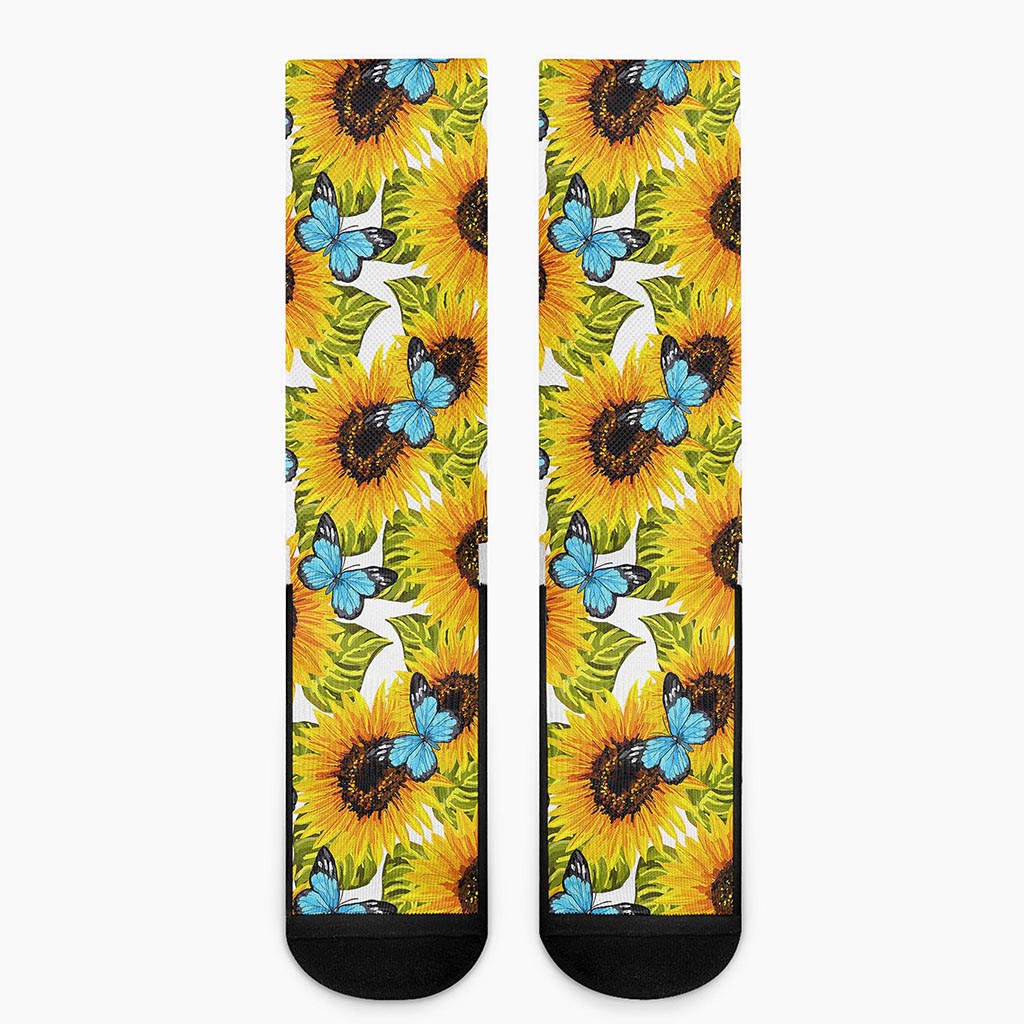 Blue Butterfly Sunflower Pattern Print Crew Socks