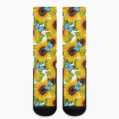 Blue Butterfly Sunflower Pattern Print Crew Socks