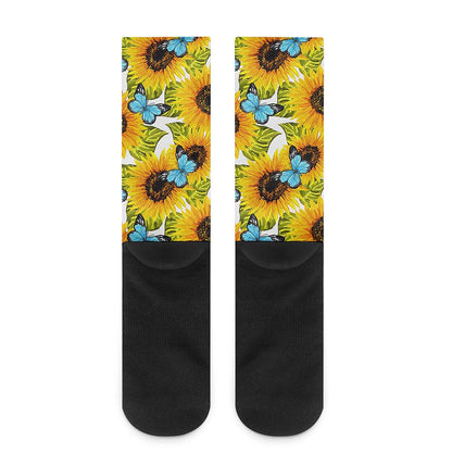 Blue Butterfly Sunflower Pattern Print Crew Socks