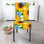 Blue Butterfly Sunflower Pattern Print Dining Chair Slipcover