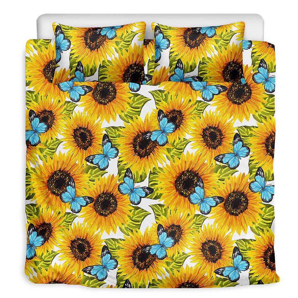 Blue Butterfly Sunflower Pattern Print Duvet Cover Bedding Set