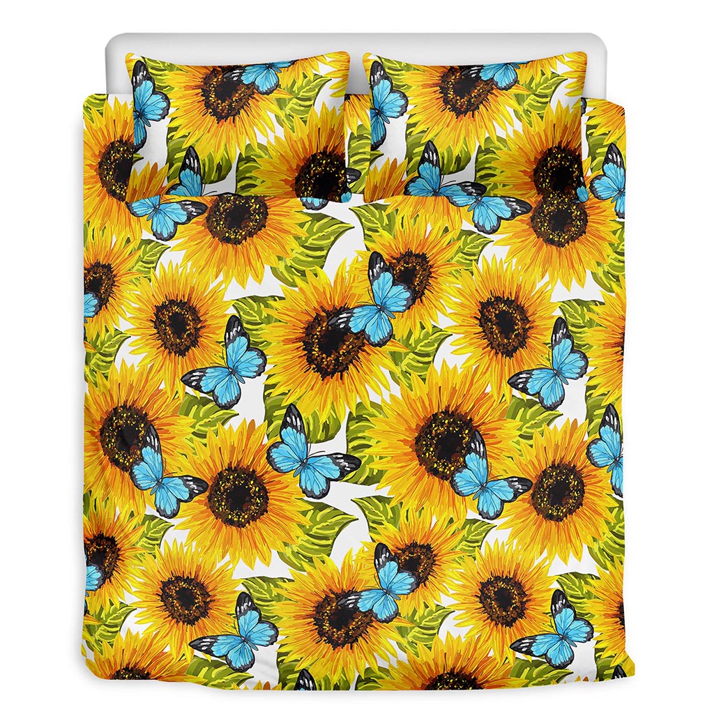 Blue Butterfly Sunflower Pattern Print Duvet Cover Bedding Set