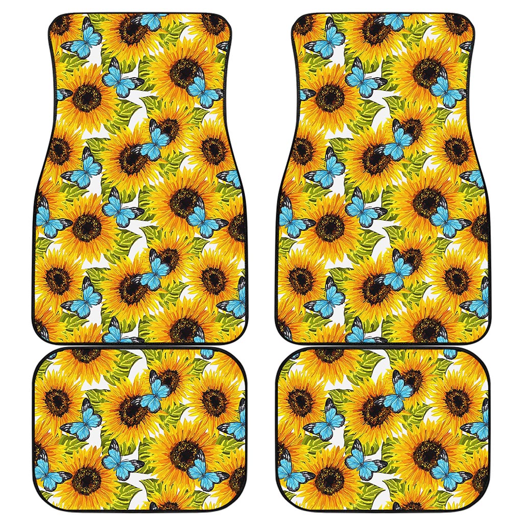 Blue Butterfly Sunflower Pattern Print Front and Back Car Floor Mats