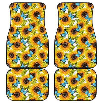 Blue Butterfly Sunflower Pattern Print Front and Back Car Floor Mats