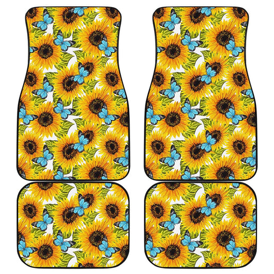 Blue Butterfly Sunflower Pattern Print Front and Back Car Floor Mats