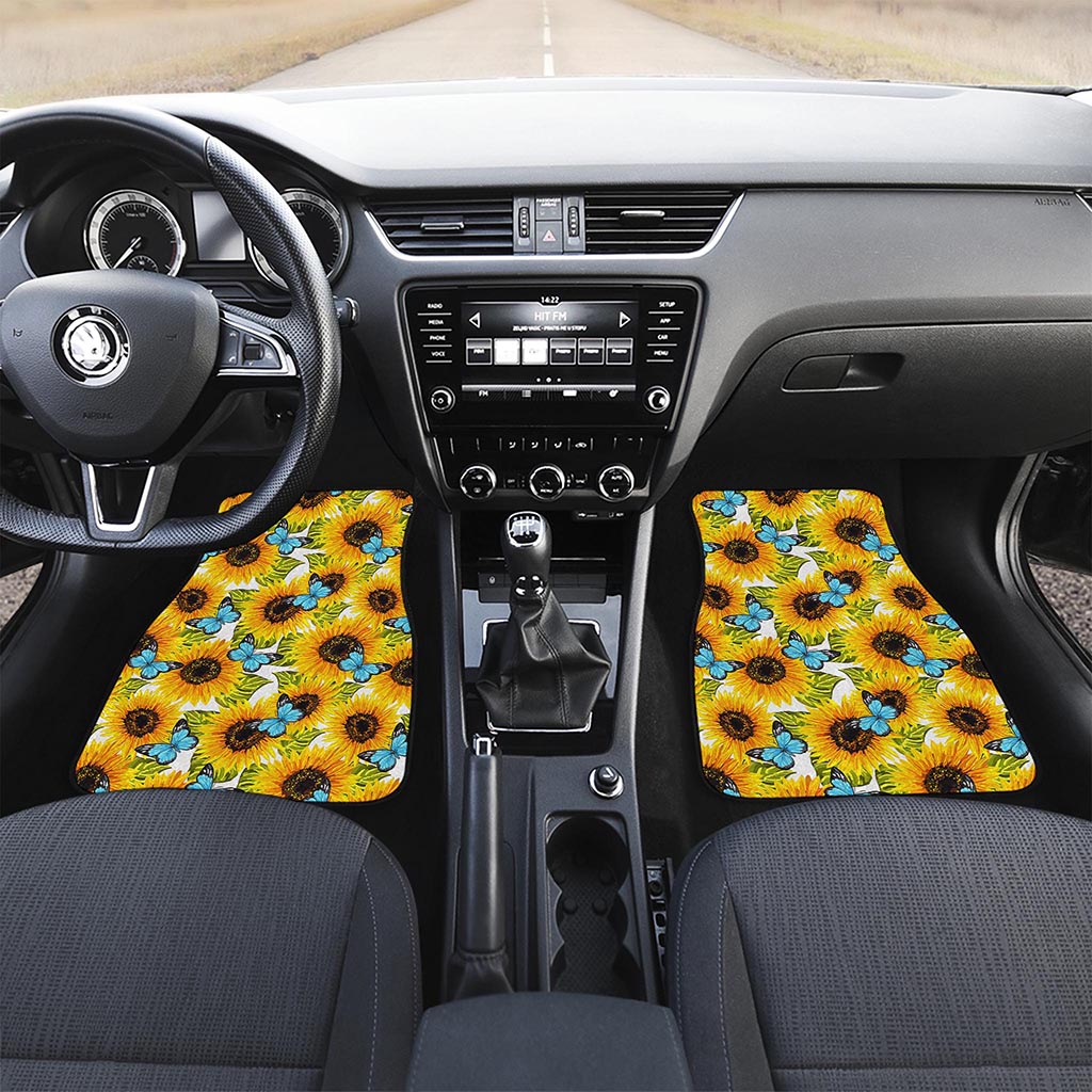 Blue Butterfly Sunflower Pattern Print Front and Back Car Floor Mats