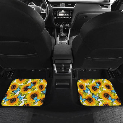 Blue Butterfly Sunflower Pattern Print Front and Back Car Floor Mats