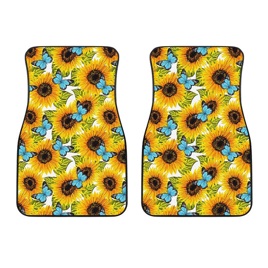 Blue Butterfly Sunflower Pattern Print Front Car Floor Mats
