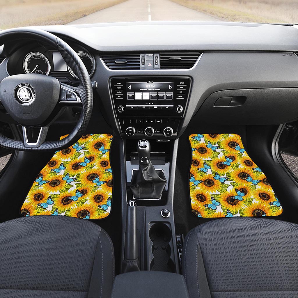 Blue Butterfly Sunflower Pattern Print Front Car Floor Mats
