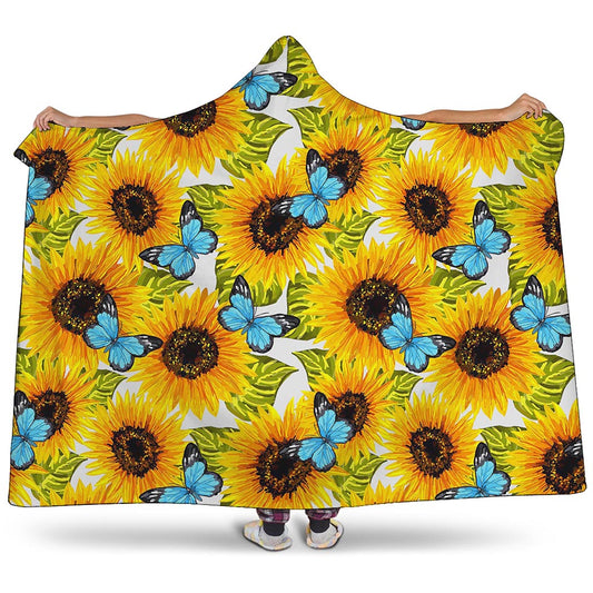 Blue Butterfly Sunflower Pattern Print Hooded Blanket