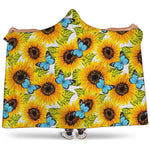Blue Butterfly Sunflower Pattern Print Hooded Blanket