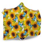 Blue Butterfly Sunflower Pattern Print Hooded Blanket
