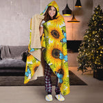 Blue Butterfly Sunflower Pattern Print Hooded Blanket
