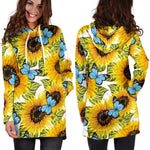 Blue Butterfly Sunflower Pattern Print Hoodie Dress GearFrost