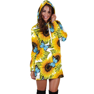 Blue Butterfly Sunflower Pattern Print Hoodie Dress GearFrost