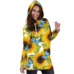 Blue Butterfly Sunflower Pattern Print Hoodie Dress GearFrost