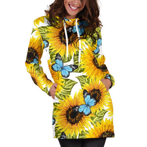 Blue Butterfly Sunflower Pattern Print Hoodie Dress GearFrost