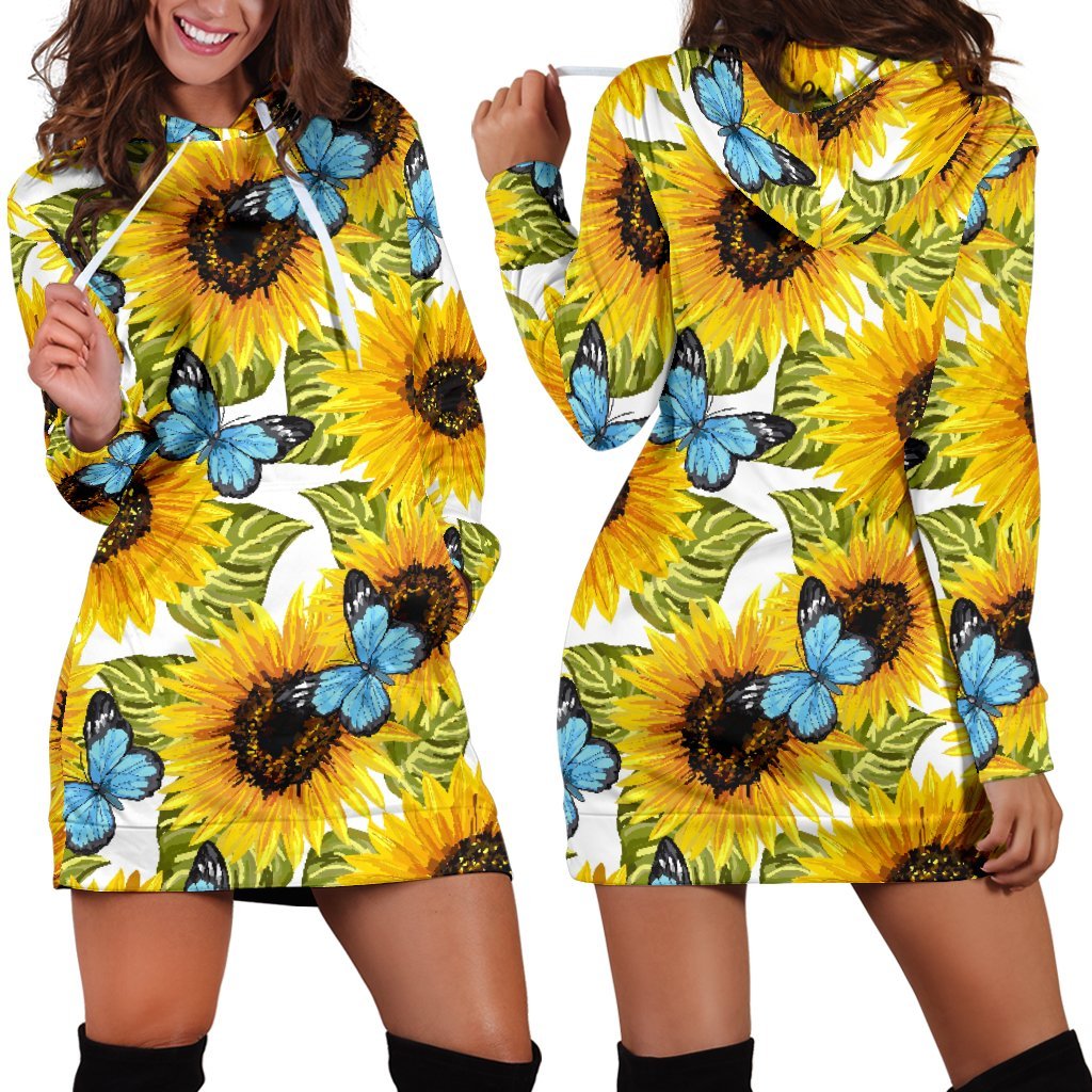 Blue Butterfly Sunflower Pattern Print Hoodie Dress GearFrost