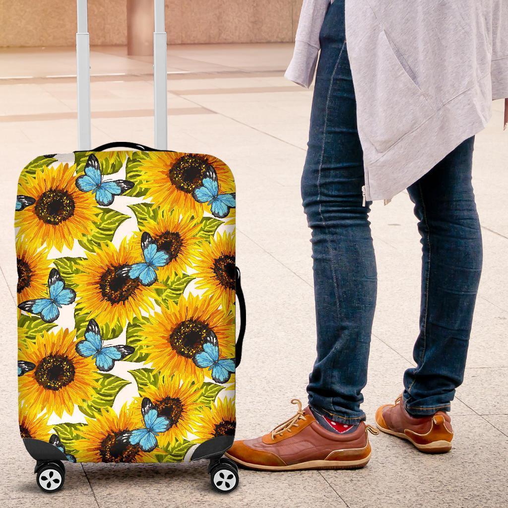 Blue Butterfly Sunflower Pattern Print Luggage Cover GearFrost