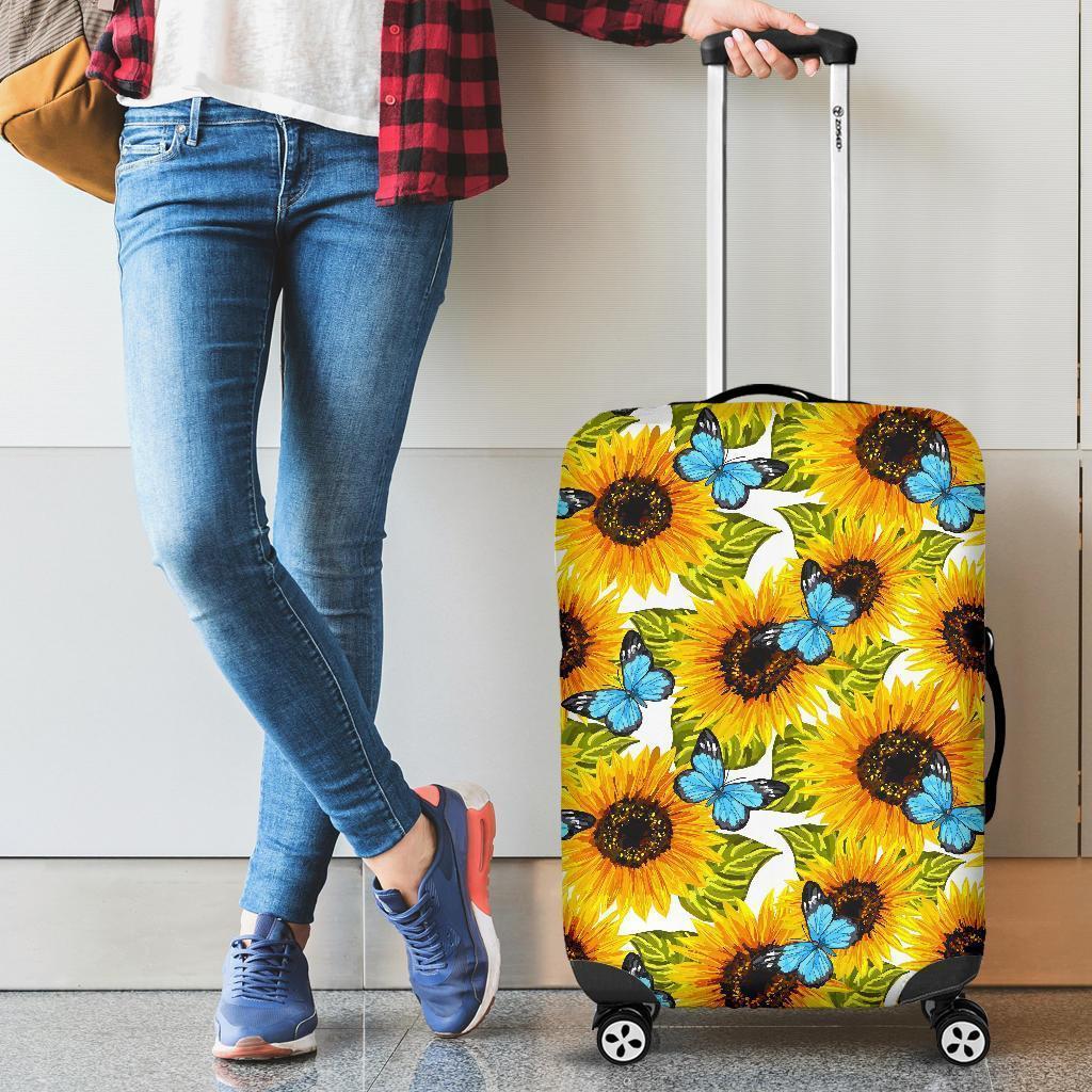 Blue Butterfly Sunflower Pattern Print Luggage Cover GearFrost