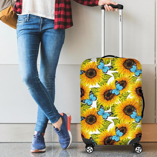 Blue Butterfly Sunflower Pattern Print Luggage Cover GearFrost