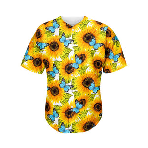 Blue Butterfly Sunflower Pattern Print Men's Baseball Jersey