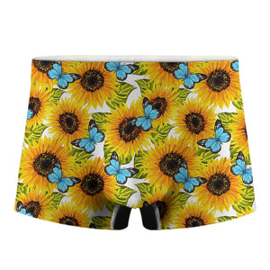 Blue Butterfly Sunflower Pattern Print Men's Boxer Briefs