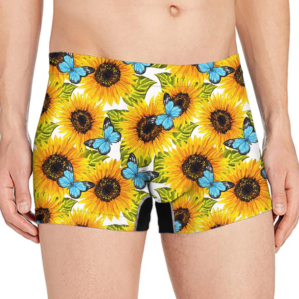 Blue Butterfly Sunflower Pattern Print Men's Boxer Briefs