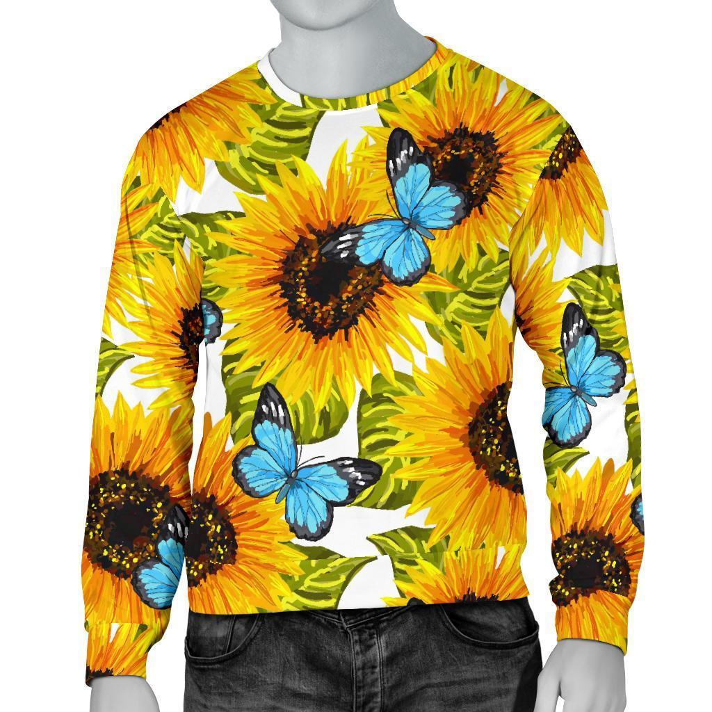 Blue Butterfly Sunflower Pattern Print Men's Crewneck Sweatshirt GearFrost