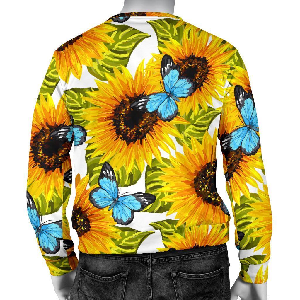 Blue Butterfly Sunflower Pattern Print Men's Crewneck Sweatshirt GearFrost