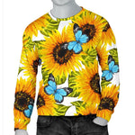 Blue Butterfly Sunflower Pattern Print Men's Crewneck Sweatshirt GearFrost