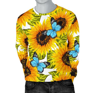 Blue Butterfly Sunflower Pattern Print Men's Crewneck Sweatshirt GearFrost