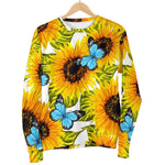 Blue Butterfly Sunflower Pattern Print Men's Crewneck Sweatshirt GearFrost