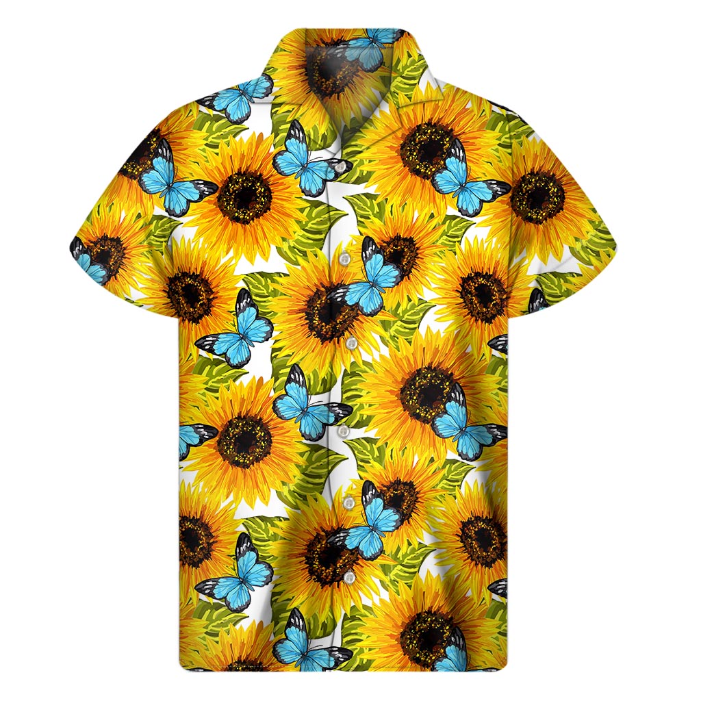 Blue Butterfly Sunflower Pattern Print Men's Short Sleeve Shirt
