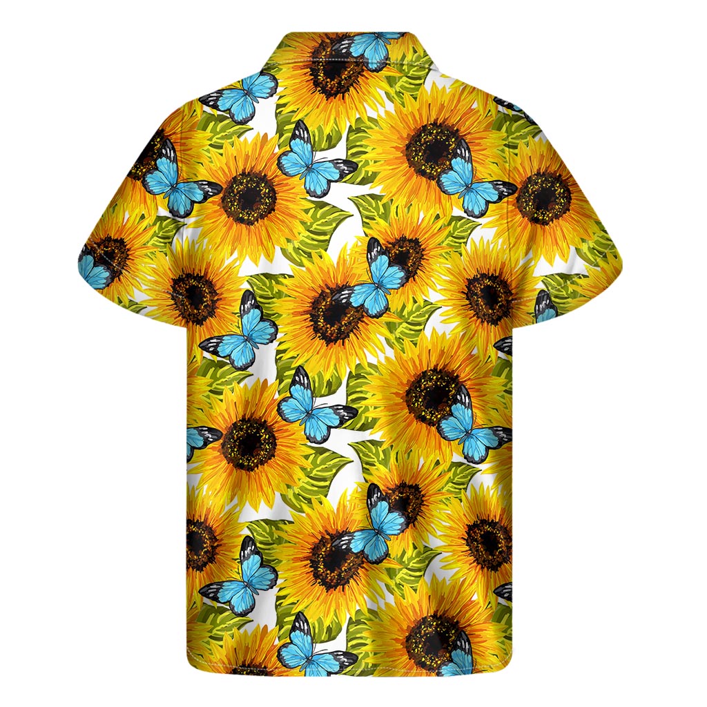 Blue Butterfly Sunflower Pattern Print Men's Short Sleeve Shirt