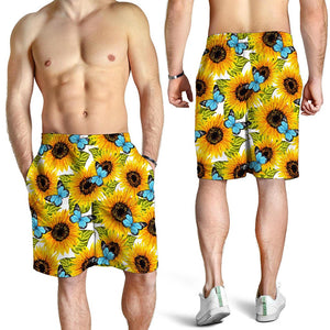 Blue Butterfly Sunflower Pattern Print Men's Shorts