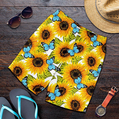 Blue Butterfly Sunflower Pattern Print Men's Shorts