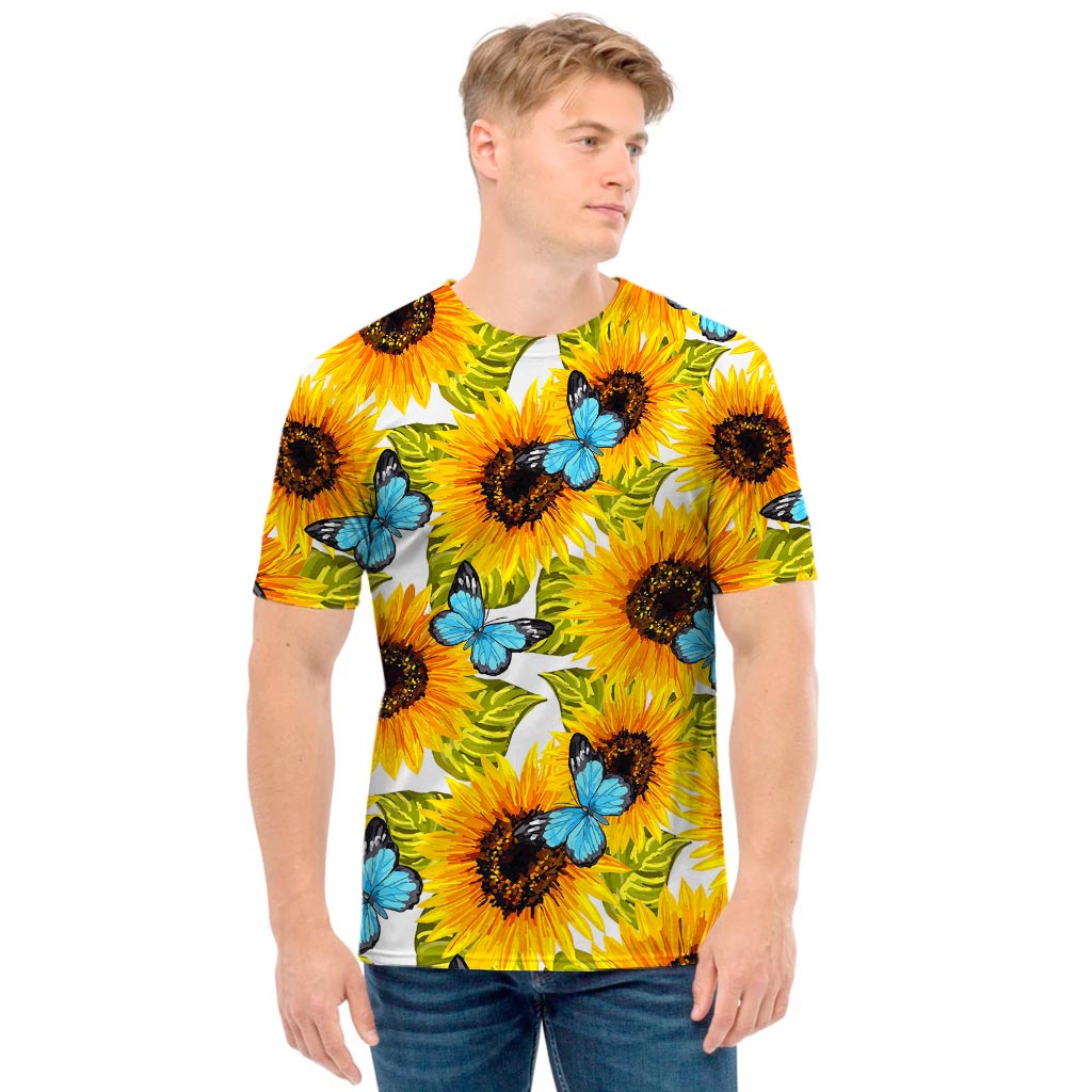 Blue Butterfly Sunflower Pattern Print Men's T-Shirt