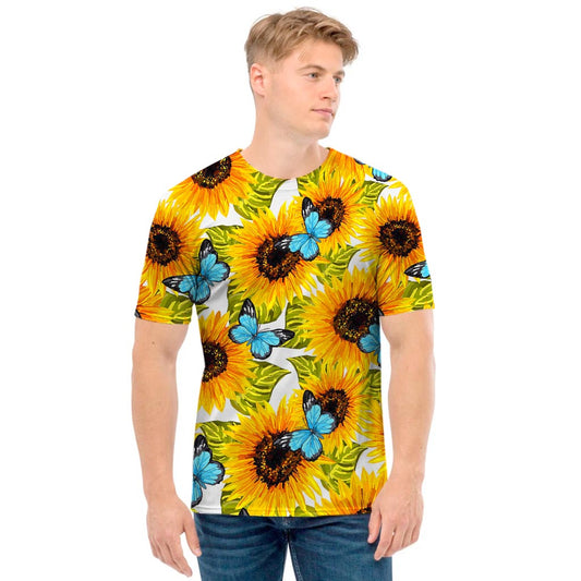 Blue Butterfly Sunflower Pattern Print Men's T-Shirt