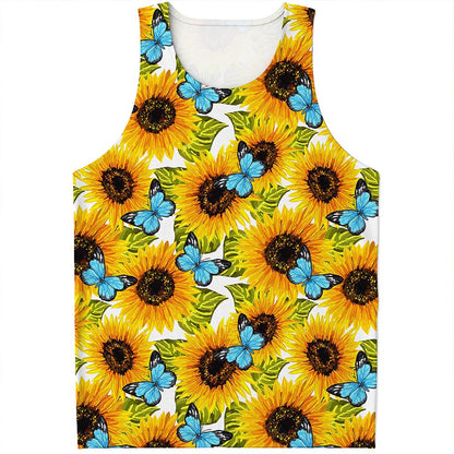 Blue Butterfly Sunflower Pattern Print Men's Tank Top