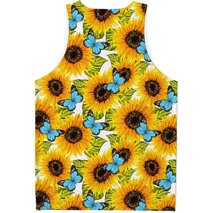 Blue Butterfly Sunflower Pattern Print Men's Tank Top