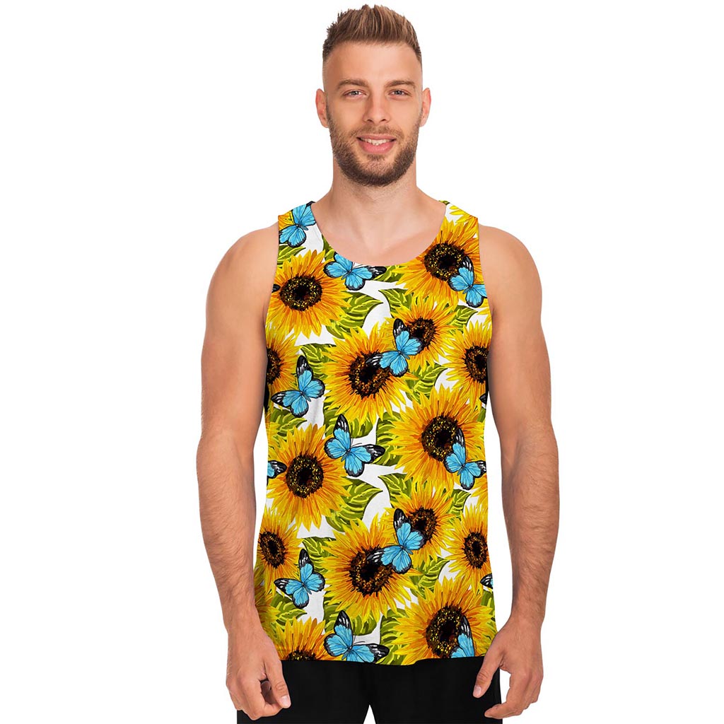 Blue Butterfly Sunflower Pattern Print Men's Tank Top