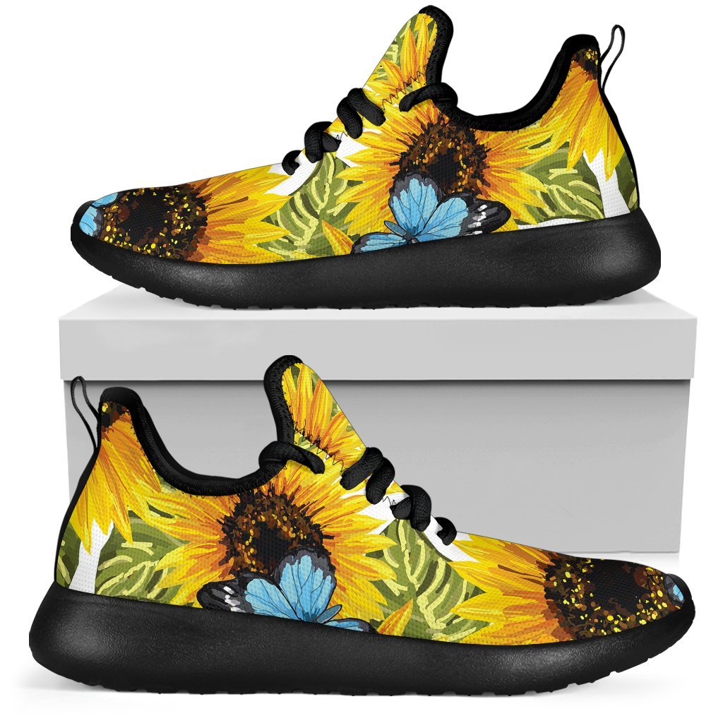 Blue Butterfly Sunflower Pattern Print Mesh Knit Shoes GearFrost
