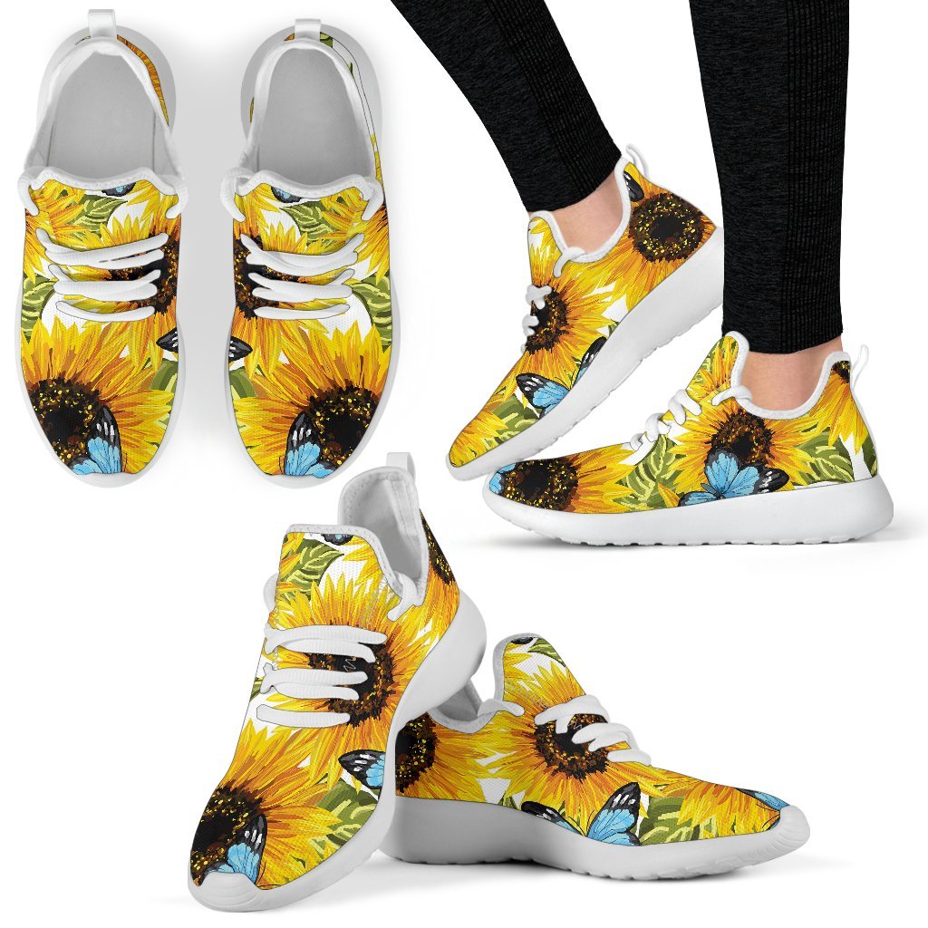 Blue Butterfly Sunflower Pattern Print Mesh Knit Shoes GearFrost