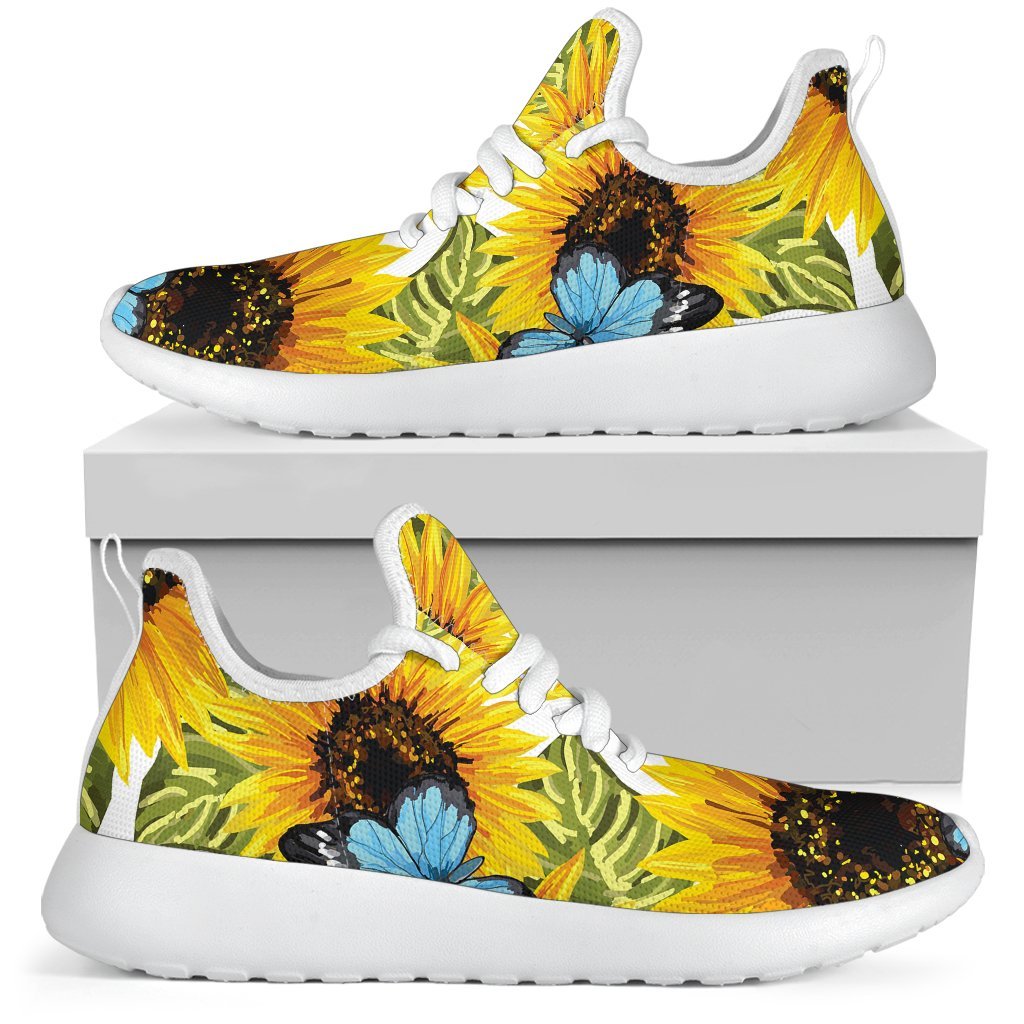 Blue Butterfly Sunflower Pattern Print Mesh Knit Shoes GearFrost